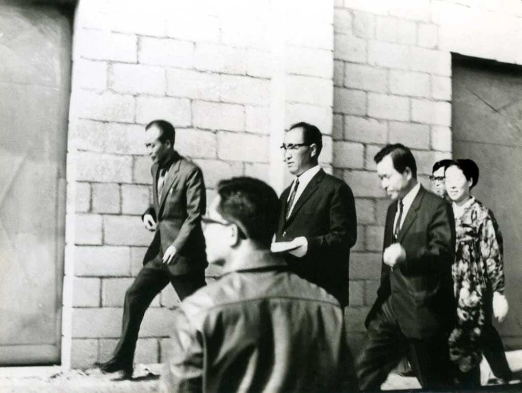 True Father with church officials at a factory operated by our church members, January 11, 1969